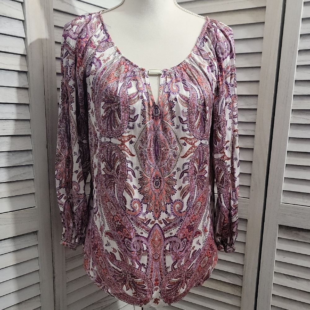 White House Black Market Purple Paisley Slit Sleeve Blouse Size XLP